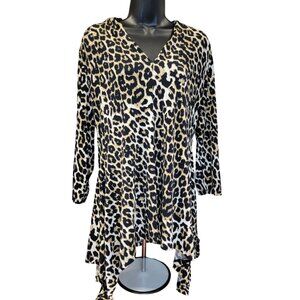Chaus New York Tunic Top Leopard Print V-Neck Long Sleeve Womens Large Good